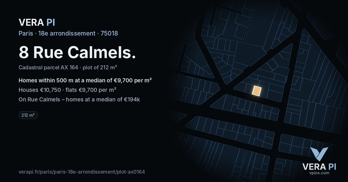 8 Rue Calmels, 18e arrondissement at night – the plot lit, the parcels around coloured by the prices near them