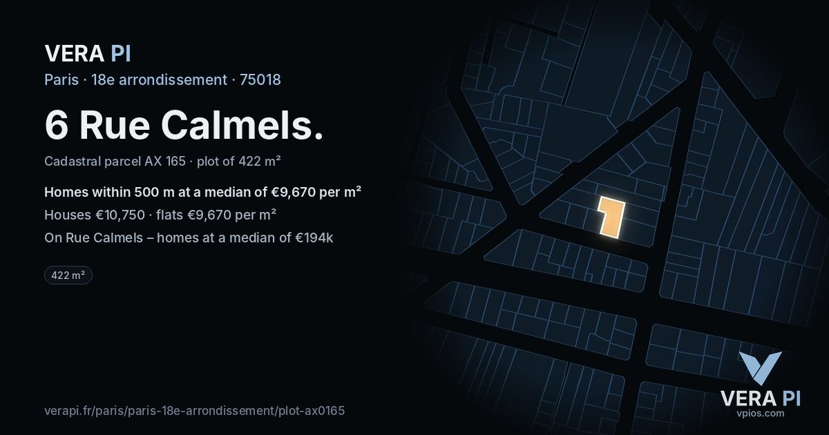 6 Rue Calmels, 18e arrondissement at night – the plot lit, the parcels around coloured by the prices near them