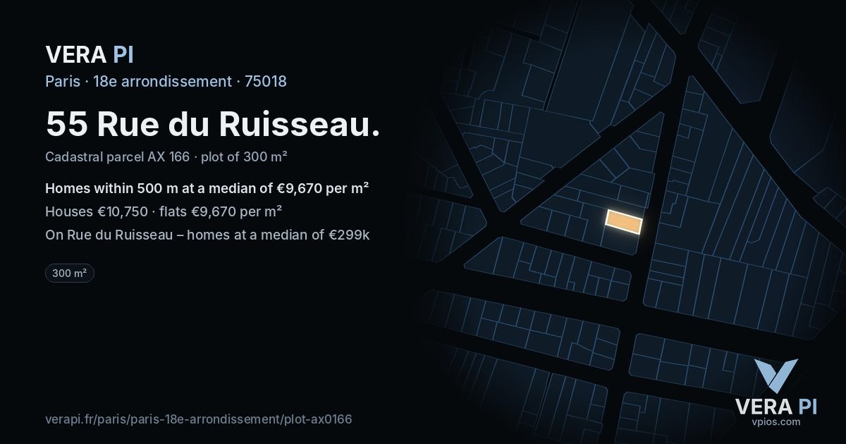 55 Rue du Ruisseau, 18e arrondissement at night – the plot lit, the parcels around coloured by the prices near them