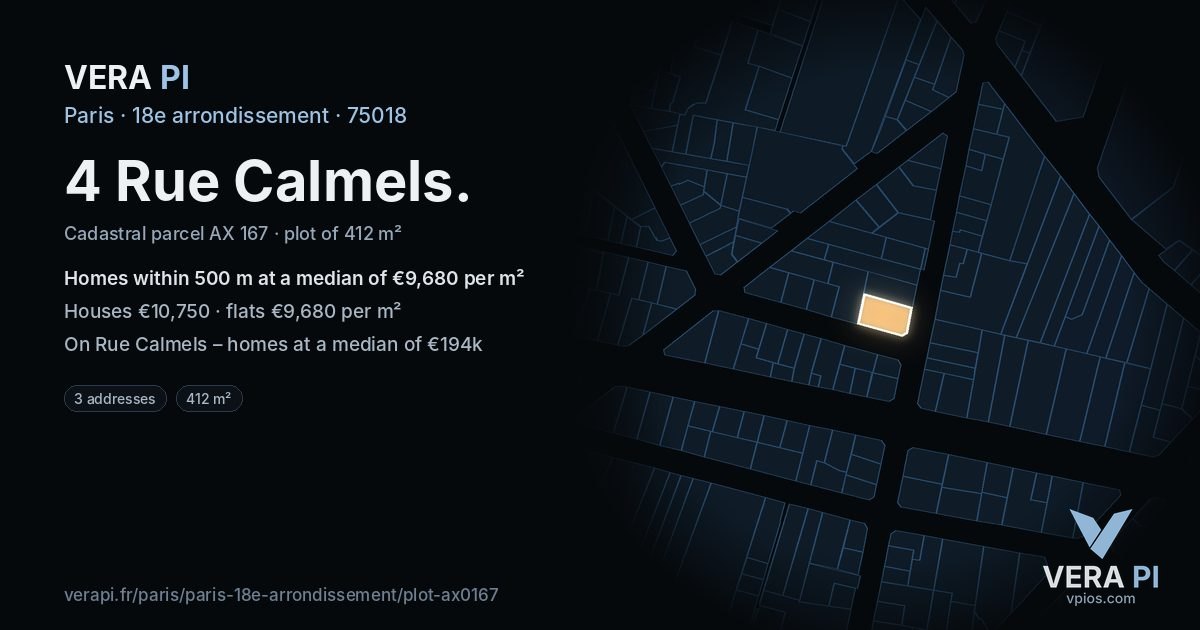 4 Rue Calmels, 18e arrondissement at night – the plot lit, the parcels around coloured by the prices near them