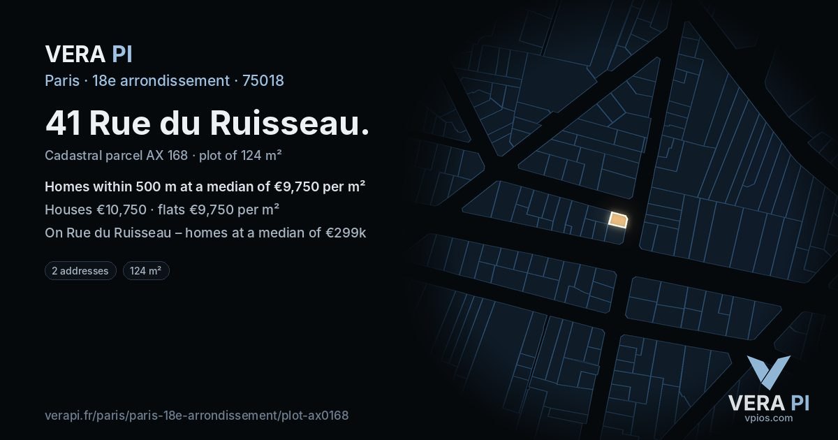 41 Rue du Ruisseau, 18e arrondissement at night – the plot lit, the parcels around coloured by the prices near them