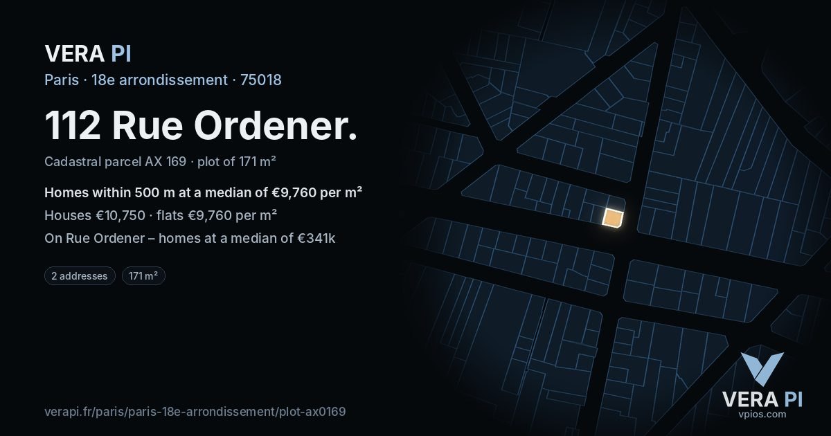 112 Rue Ordener, 18e arrondissement at night – the plot lit, the parcels around coloured by the prices near them