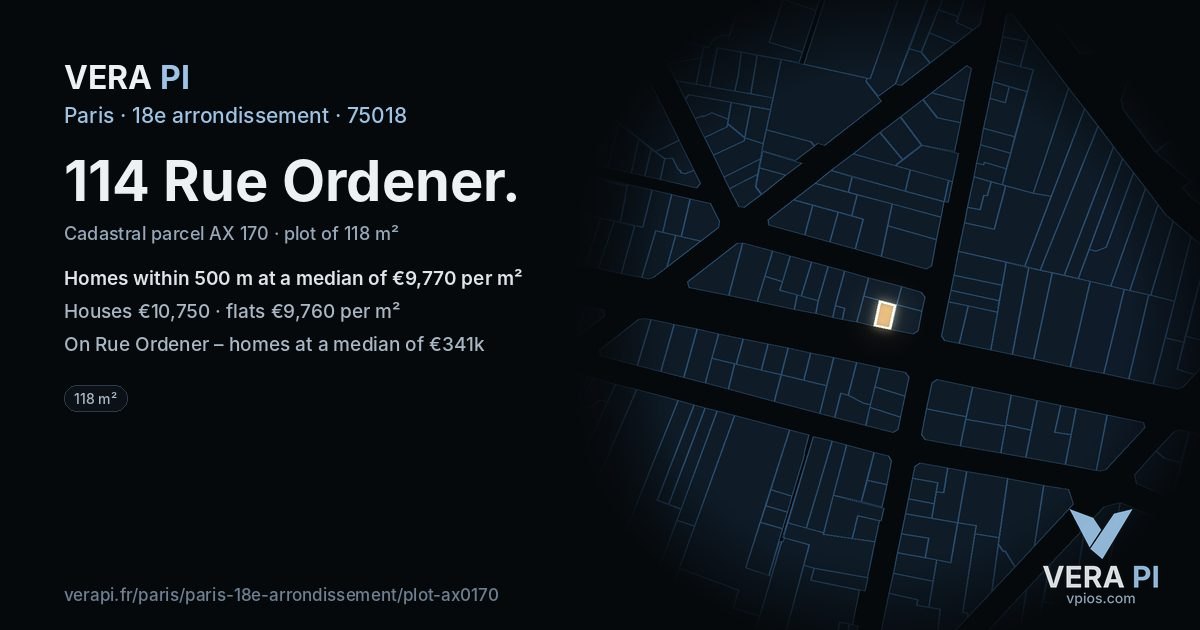 114 Rue Ordener, 18e arrondissement at night – the plot lit, the parcels around coloured by the prices near them