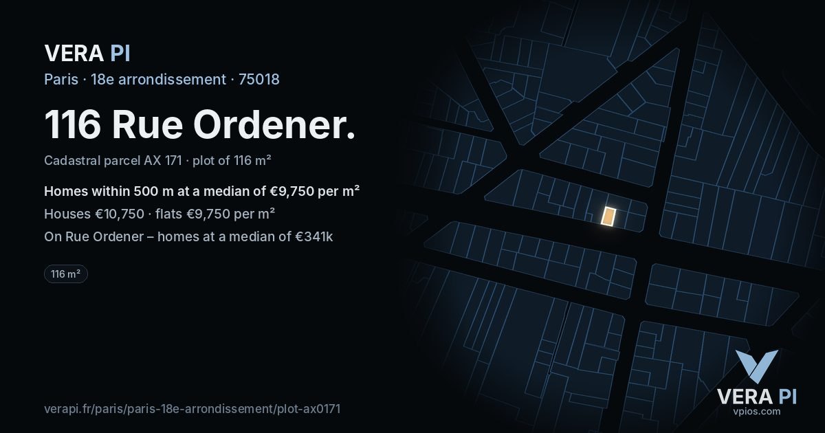 116 Rue Ordener, 18e arrondissement at night – the plot lit, the parcels around coloured by the prices near them