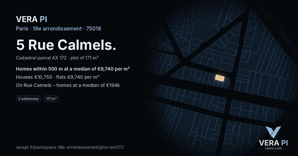 5 Rue Calmels, 18e arrondissement at night – the plot lit, the parcels around coloured by the prices near them