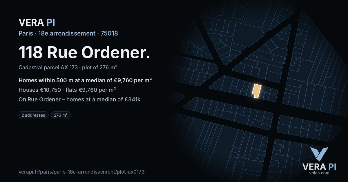 118 Rue Ordener, 18e arrondissement at night – the plot lit, the parcels around coloured by the prices near them