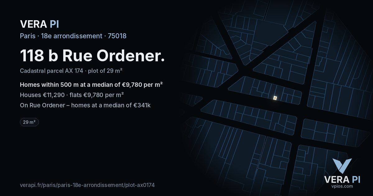 118 b Rue Ordener, 18e arrondissement at night – the plot lit, the parcels around coloured by the prices near them