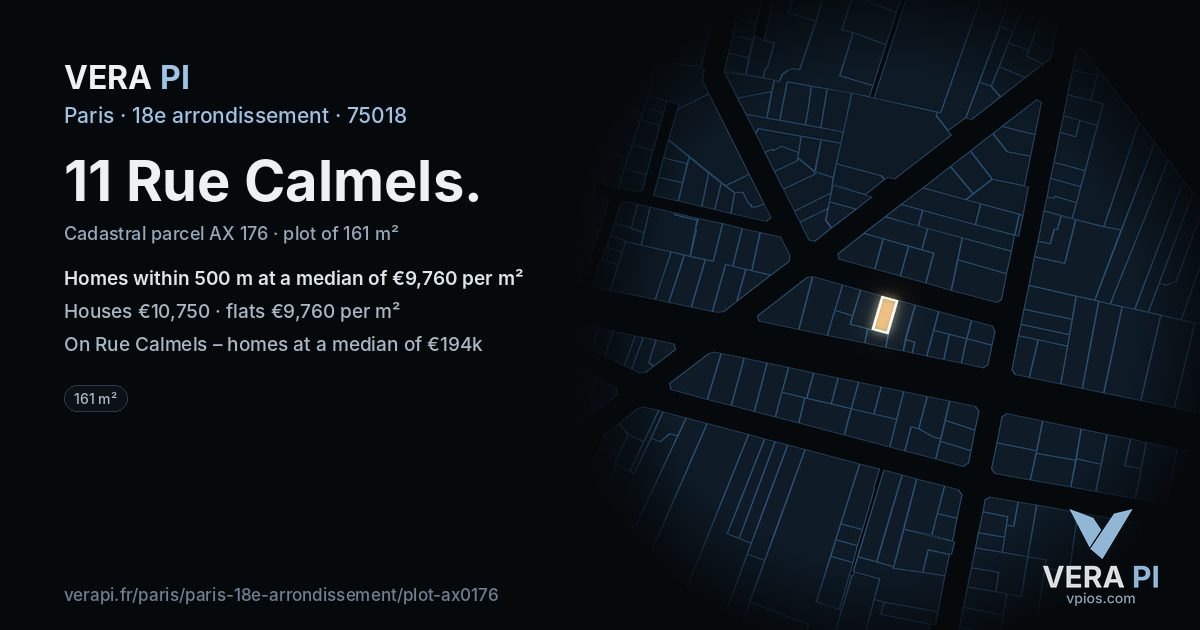 11 Rue Calmels, 18e arrondissement at night – the plot lit, the parcels around coloured by the prices near them
