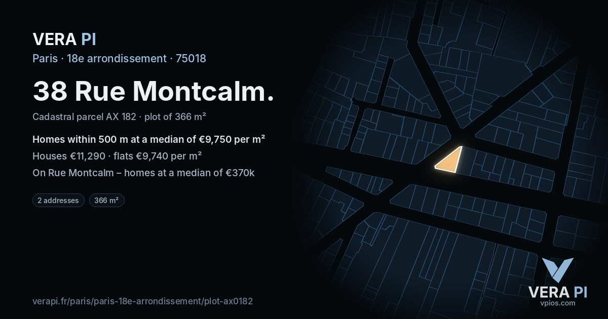 38 Rue Montcalm, 18e arrondissement at night – the plot lit, the parcels around coloured by the prices near them