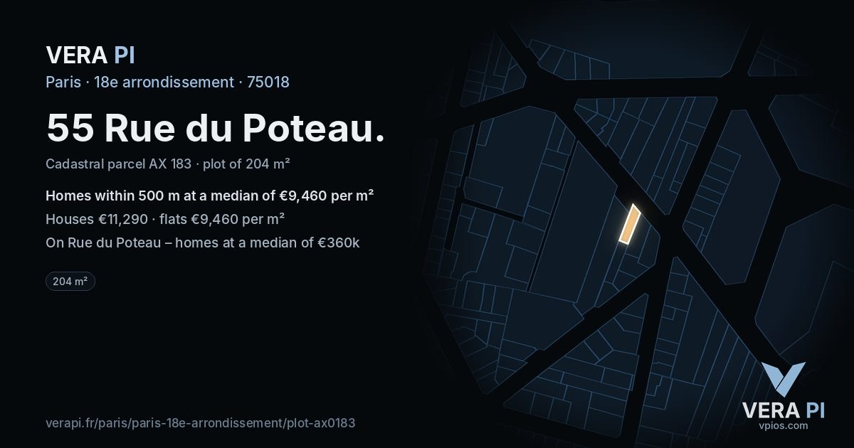 55 Rue du Poteau, 18e arrondissement at night – the plot lit, the parcels around coloured by the prices near them