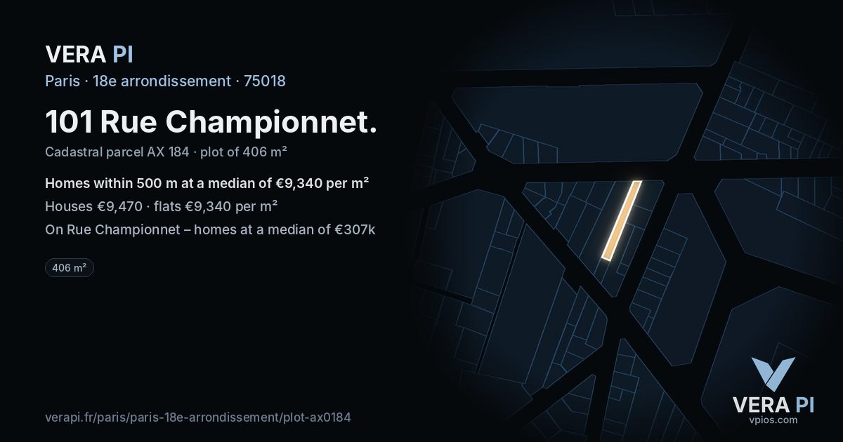 101 Rue Championnet, 18e arrondissement at night – the plot lit, the parcels around coloured by the prices near them