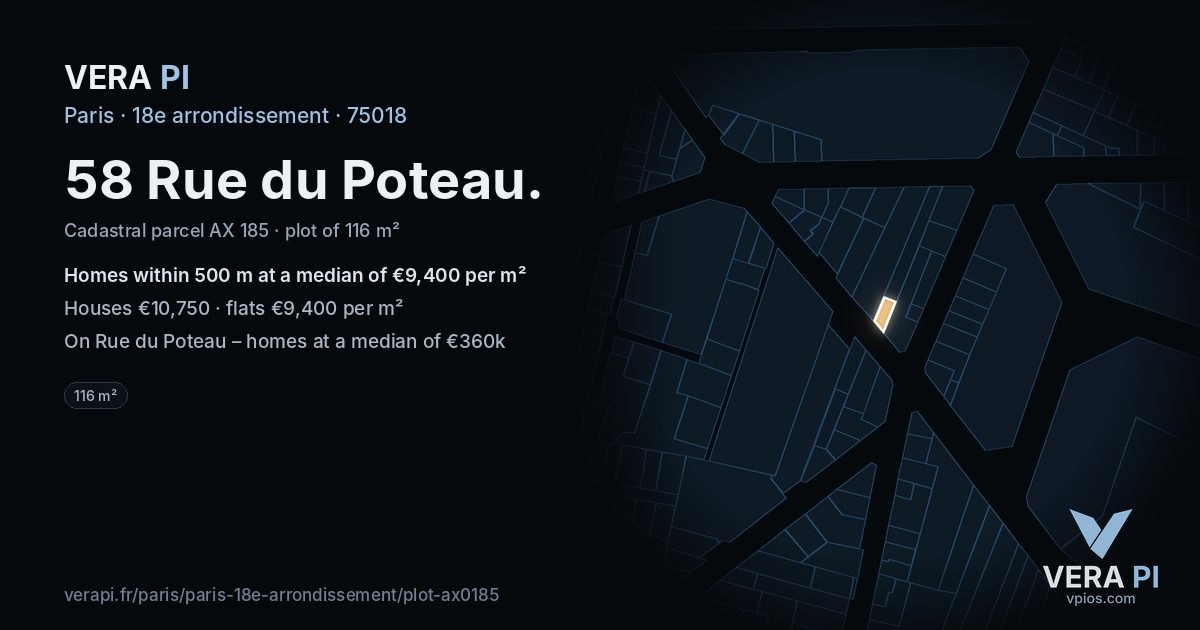 58 Rue du Poteau, 18e arrondissement at night – the plot lit, the parcels around coloured by the prices near them