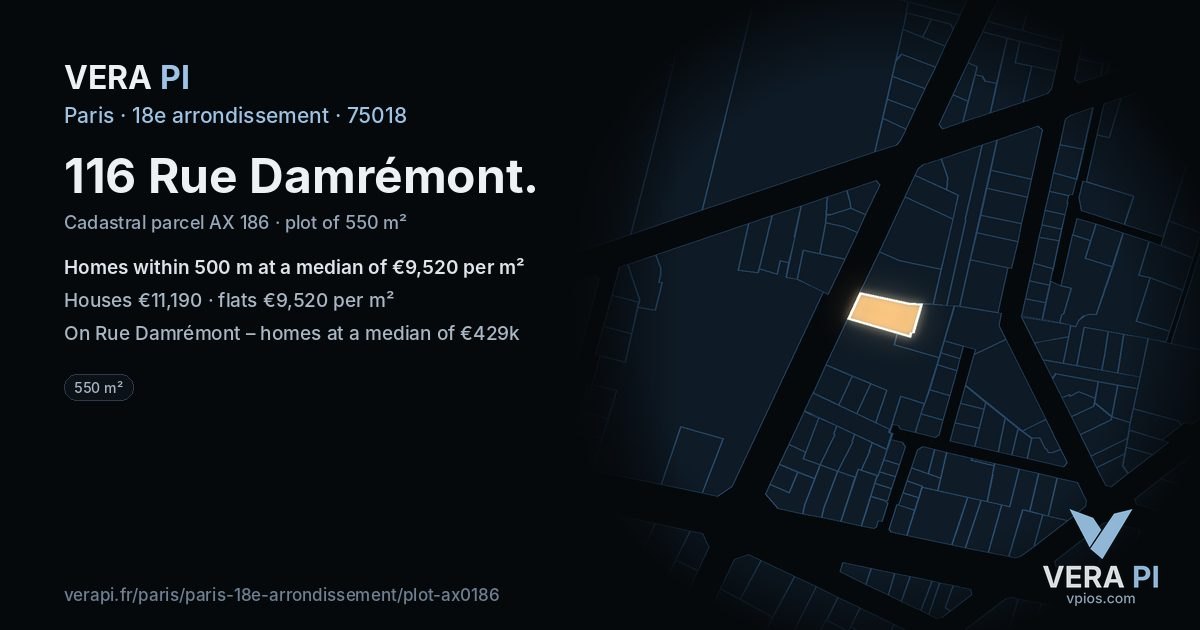 116 Rue Damrémont, 18e arrondissement at night – the plot lit, the parcels around coloured by the prices near them