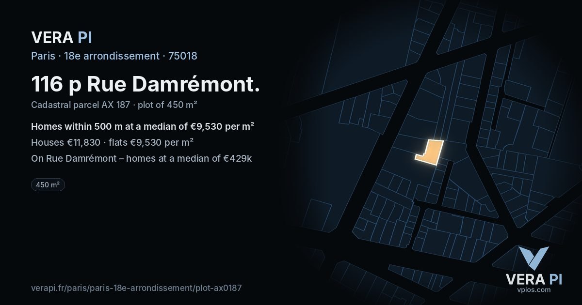 116 p Rue Damrémont, 18e arrondissement at night – the plot lit, the parcels around coloured by the prices near them