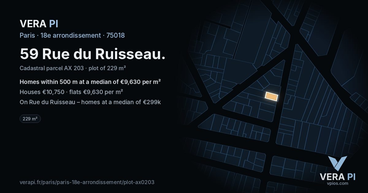 59 Rue du Ruisseau, 18e arrondissement at night – the plot lit, the parcels around coloured by the prices near them