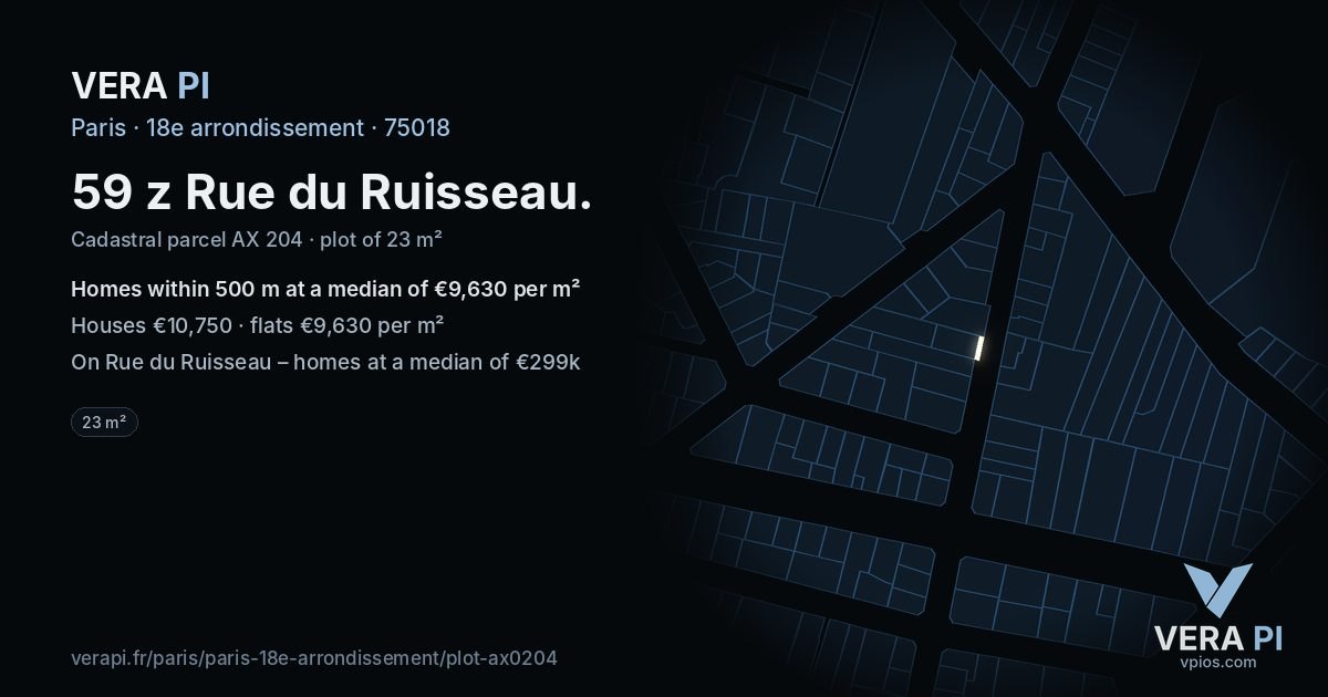 59 z Rue du Ruisseau, 18e arrondissement at night – the plot lit, the parcels around coloured by the prices near them