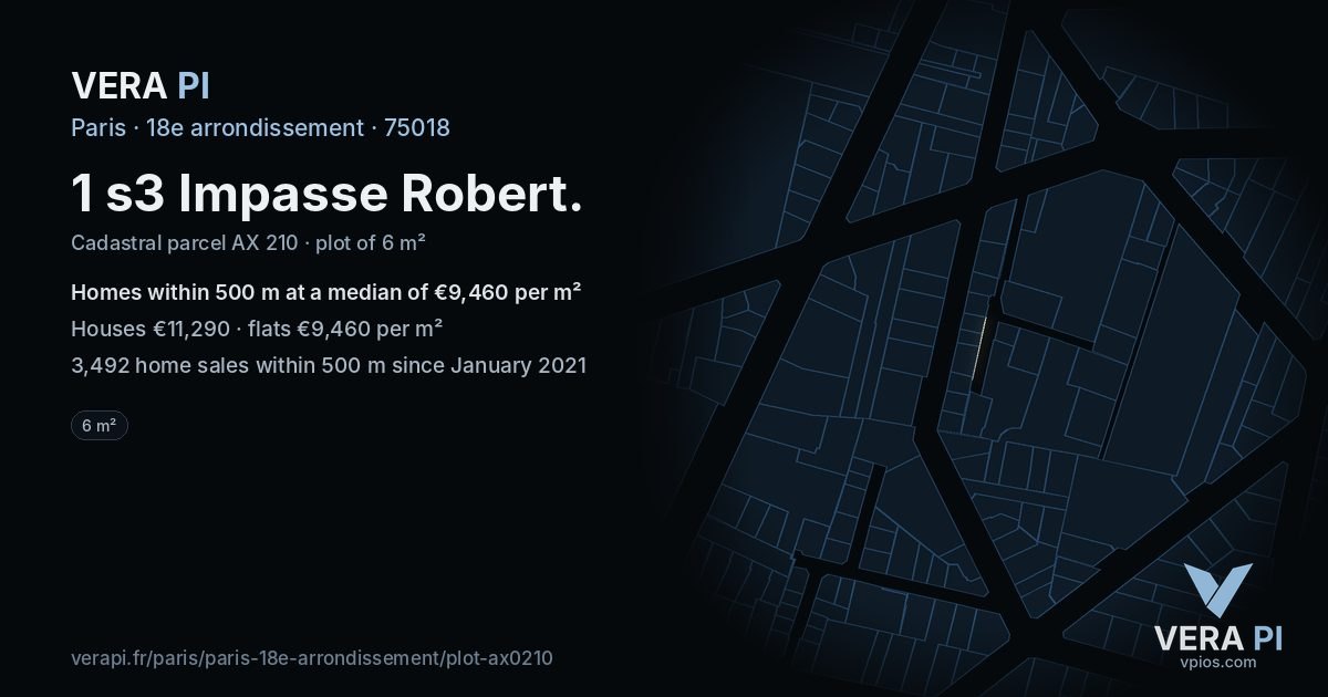 1 s3 Impasse Robert, 18e arrondissement at night – the plot lit, the parcels around coloured by the prices near them