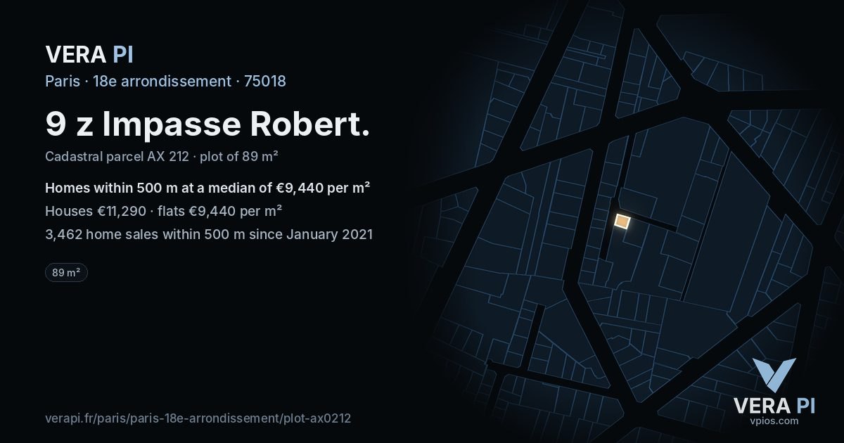 9 z Impasse Robert, 18e arrondissement at night – the plot lit, the parcels around coloured by the prices near them