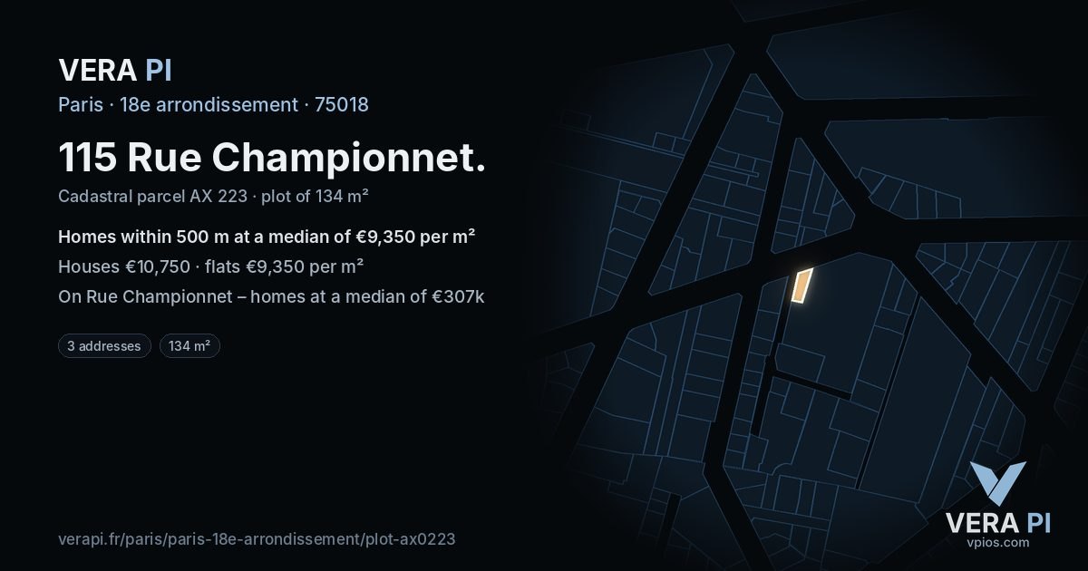 115 Rue Championnet, 18e arrondissement at night – the plot lit, the parcels around coloured by the prices near them