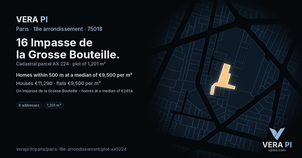 16 Impasse de la Grosse Bouteille, 18e arrondissement at night – the plot lit, the parcels around coloured by the prices near them