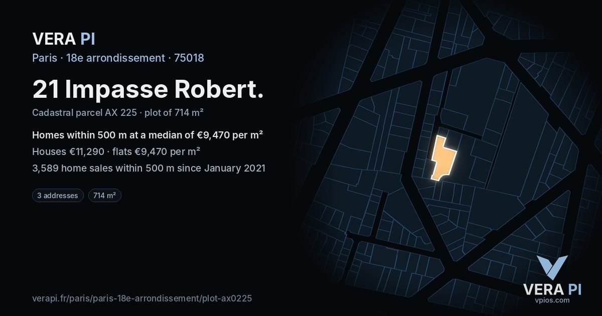 21 Impasse Robert, 18e arrondissement at night – the plot lit, the parcels around coloured by the prices near them
