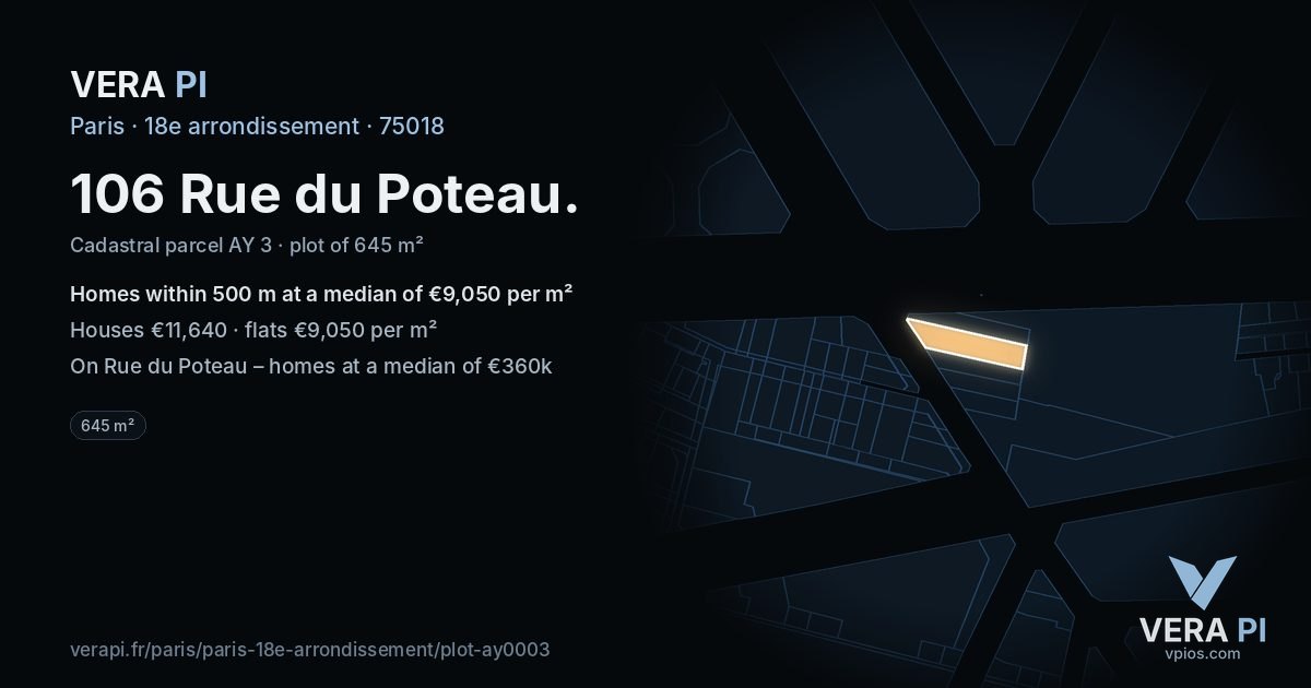 106 Rue du Poteau, 18e arrondissement at night – the plot lit, the parcels around coloured by the prices near them