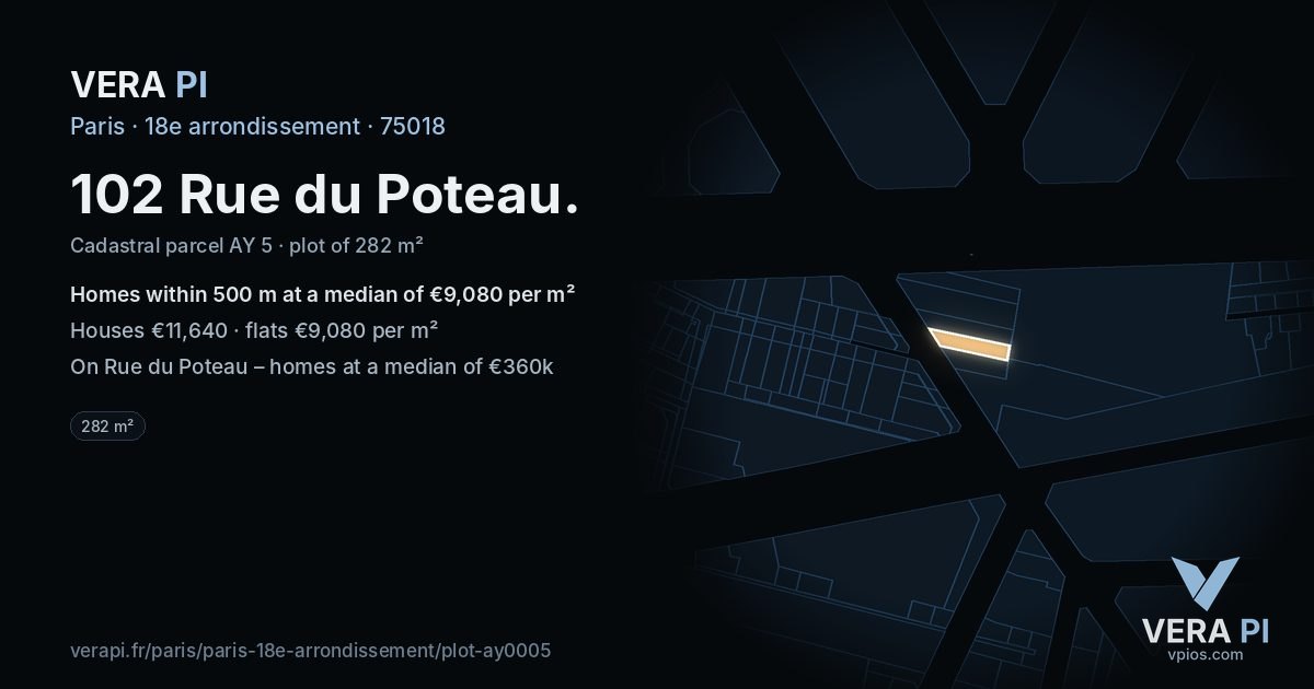 102 Rue du Poteau, 18e arrondissement at night – the plot lit, the parcels around coloured by the prices near them