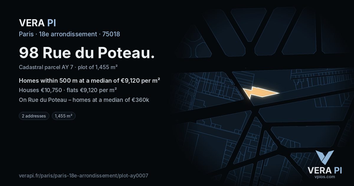 98 Rue du Poteau, 18e arrondissement at night – the plot lit, the parcels around coloured by the prices near them