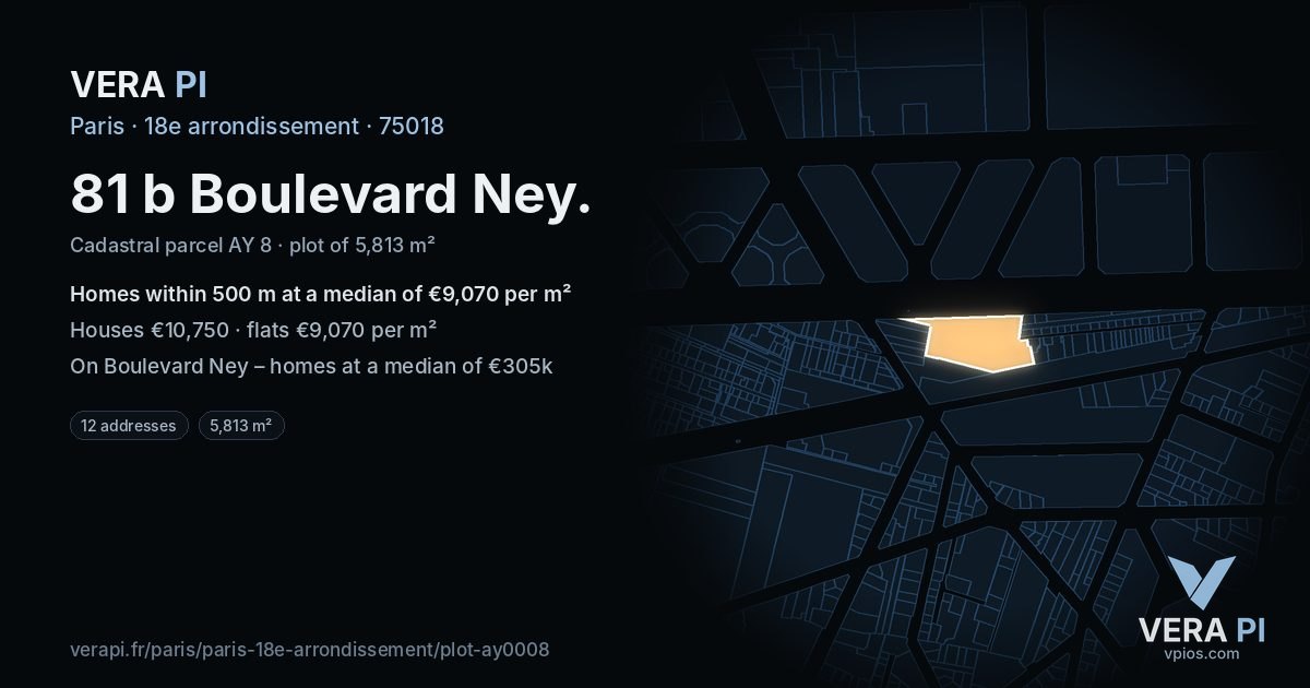 81 b Boulevard Ney, 18e arrondissement at night – the plot lit, the parcels around coloured by the prices near them