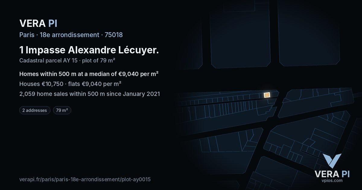 1 Impasse Alexandre Lécuyer, 18e arrondissement at night – the plot lit, the parcels around coloured by the prices near them