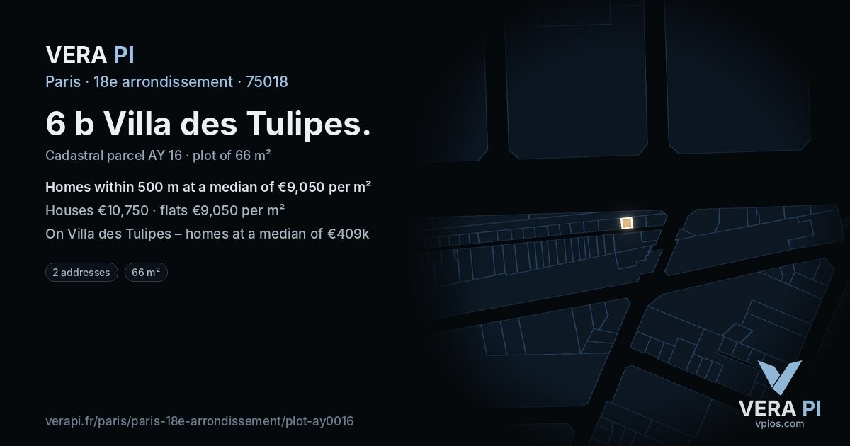 6 b Villa des Tulipes, 18e arrondissement at night – the plot lit, the parcels around coloured by the prices near them