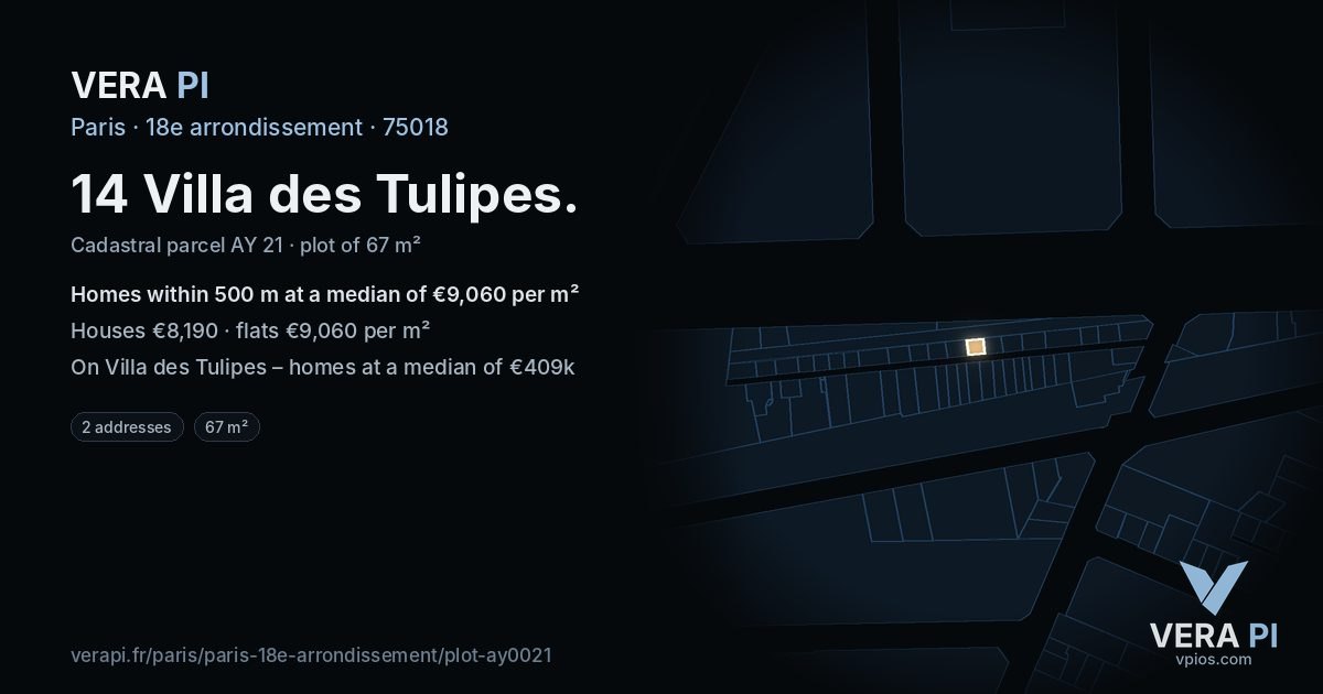 14 Villa des Tulipes, 18e arrondissement at night – the plot lit, the parcels around coloured by the prices near them