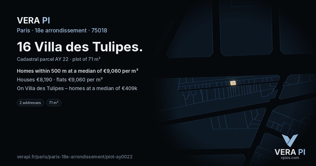 16 Villa des Tulipes, 18e arrondissement at night – the plot lit, the parcels around coloured by the prices near them