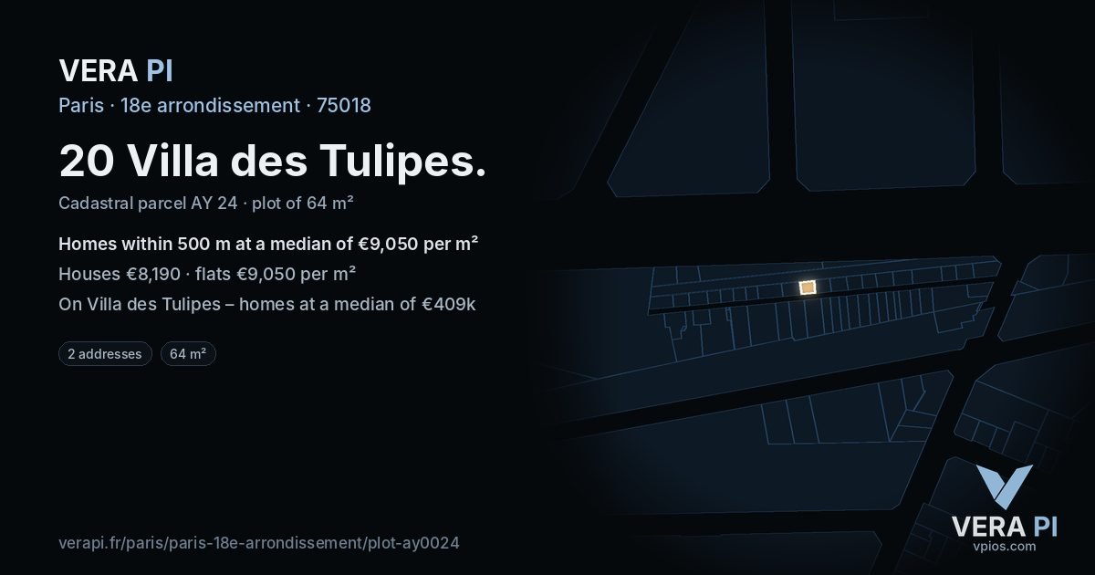 20 Villa des Tulipes, 18e arrondissement at night – the plot lit, the parcels around coloured by the prices near them