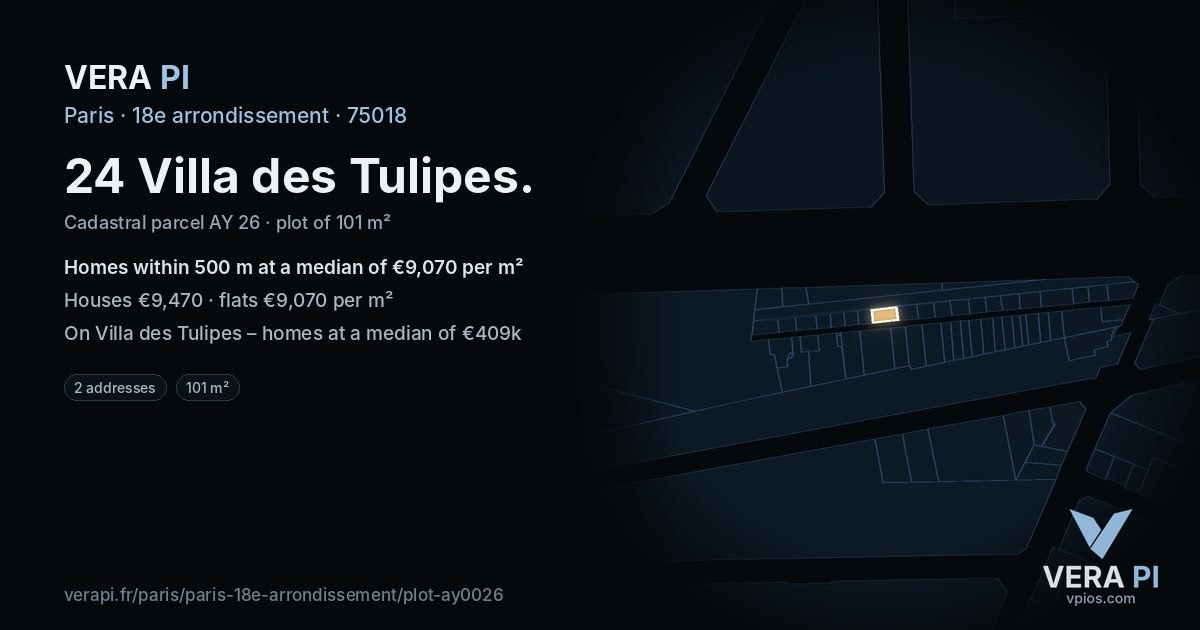 24 Villa des Tulipes, 18e arrondissement at night – the plot lit, the parcels around coloured by the prices near them
