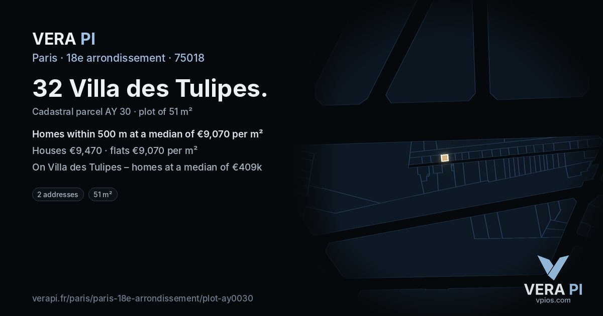 32 Villa des Tulipes, 18e arrondissement at night – the plot lit, the parcels around coloured by the prices near them