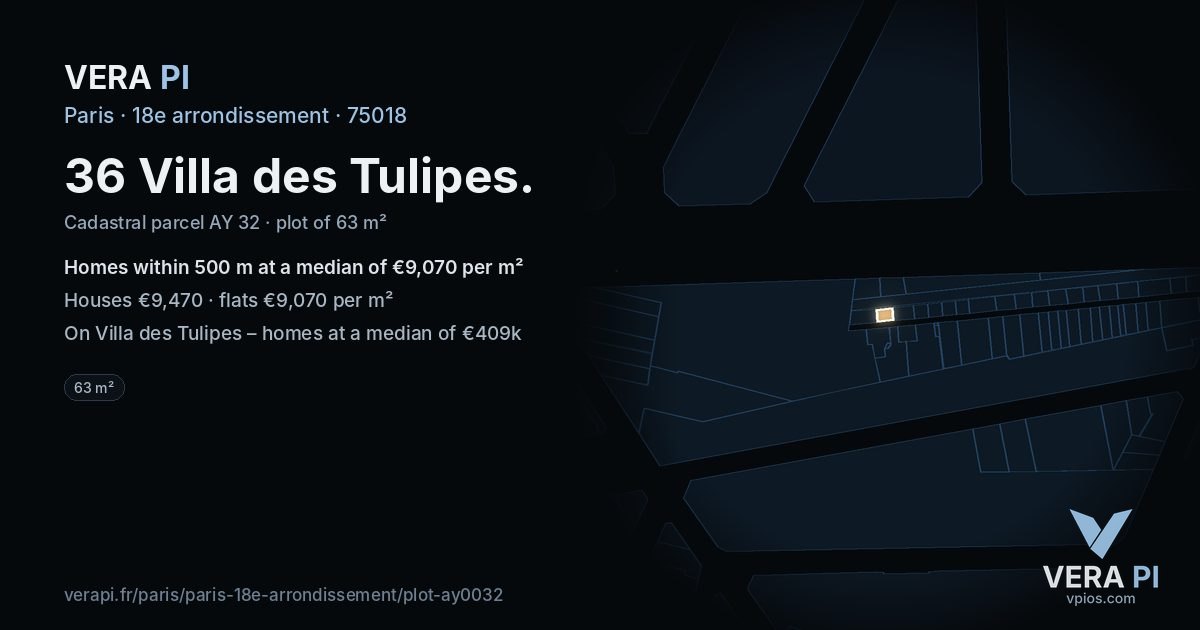 36 Villa des Tulipes, 18e arrondissement at night – the plot lit, the parcels around coloured by the prices near them