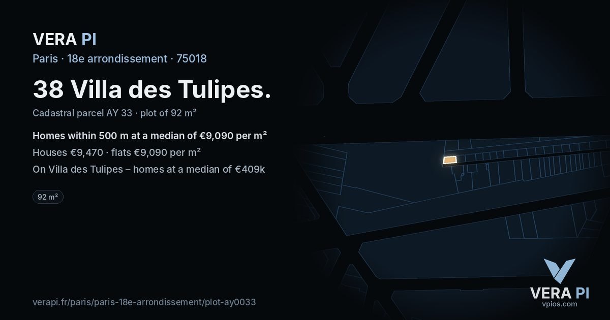 38 Villa des Tulipes, 18e arrondissement at night – the plot lit, the parcels around coloured by the prices near them