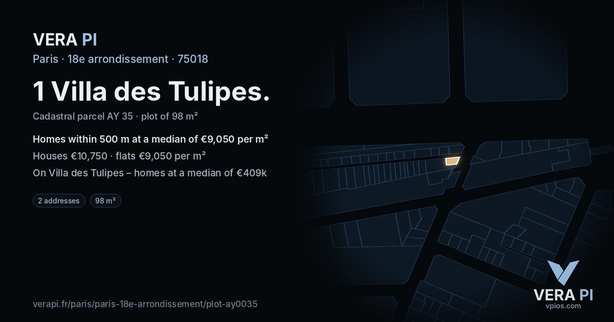 1 Villa des Tulipes, 18e arrondissement at night – the plot lit, the parcels around coloured by the prices near them