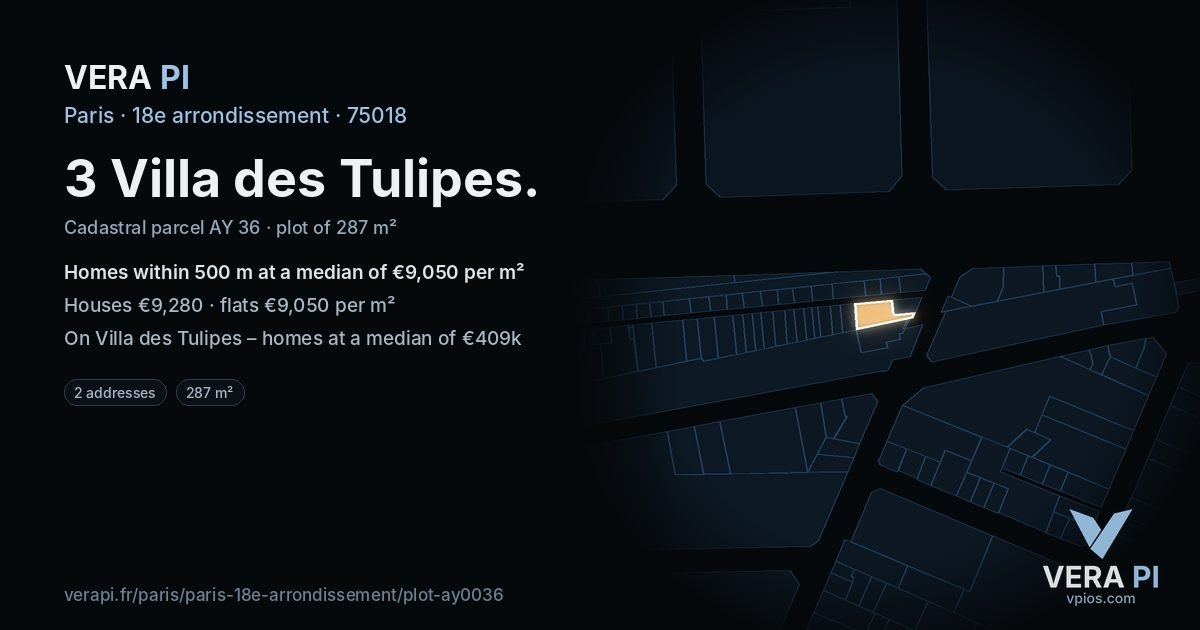 3 Villa des Tulipes, 18e arrondissement at night – the plot lit, the parcels around coloured by the prices near them