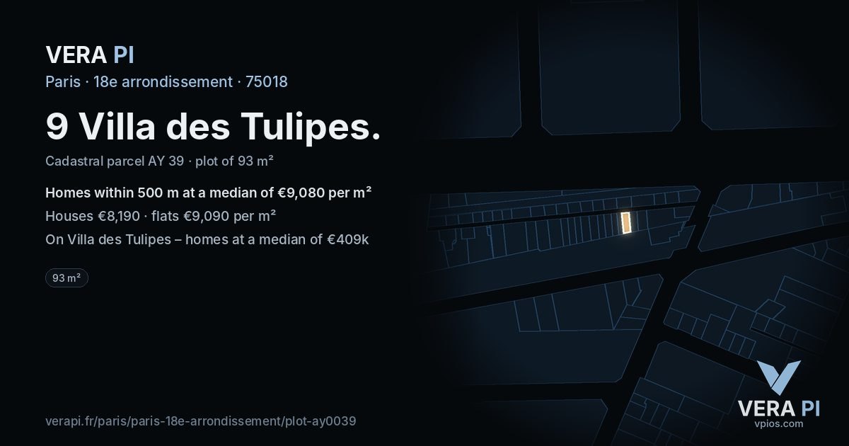 9 Villa des Tulipes, 18e arrondissement at night – the plot lit, the parcels around coloured by the prices near them