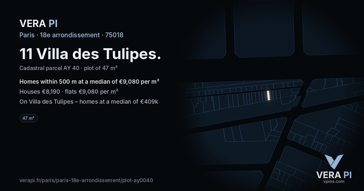 11 Villa des Tulipes, 18e arrondissement at night – the plot lit, the parcels around coloured by the prices near them
