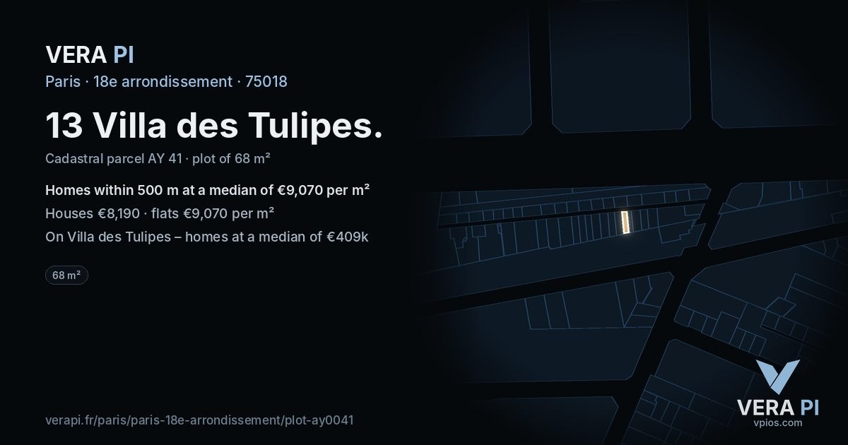 13 Villa des Tulipes, 18e arrondissement at night – the plot lit, the parcels around coloured by the prices near them