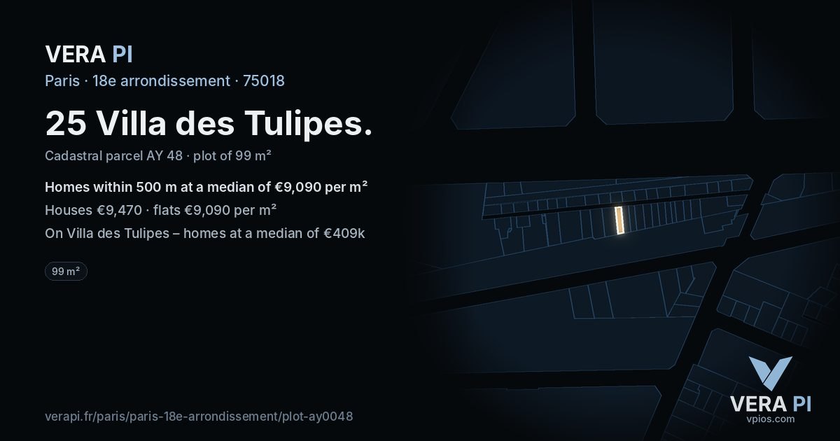 25 Villa des Tulipes, 18e arrondissement at night – the plot lit, the parcels around coloured by the prices near them