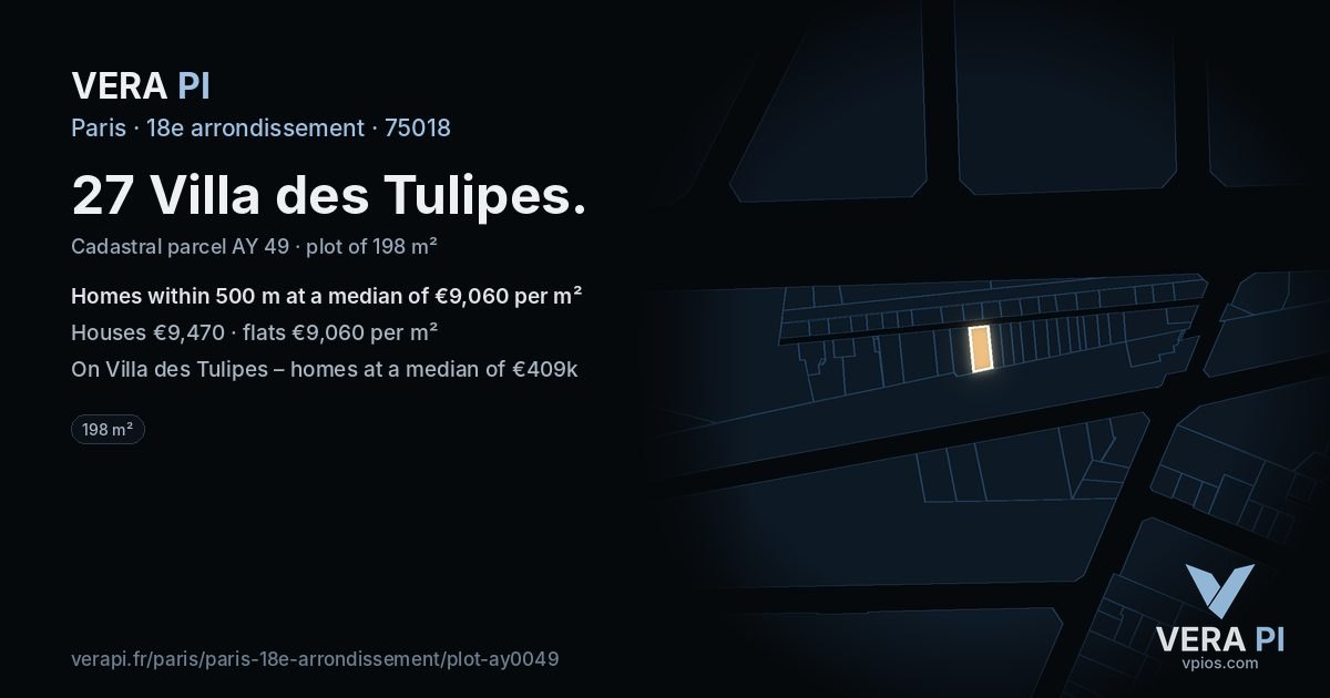 27 Villa des Tulipes, 18e arrondissement at night – the plot lit, the parcels around coloured by the prices near them