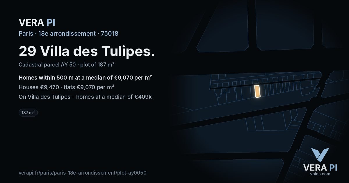 29 Villa des Tulipes, 18e arrondissement at night – the plot lit, the parcels around coloured by the prices near them