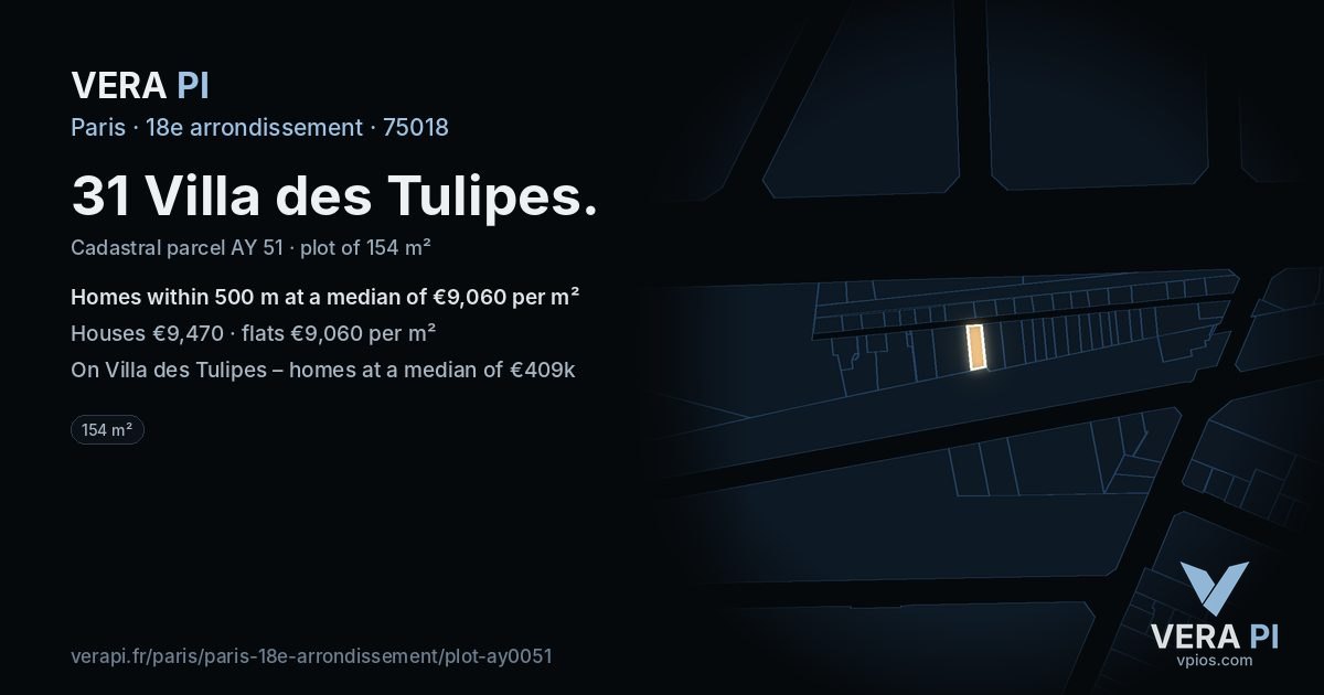 31 Villa des Tulipes, 18e arrondissement at night – the plot lit, the parcels around coloured by the prices near them