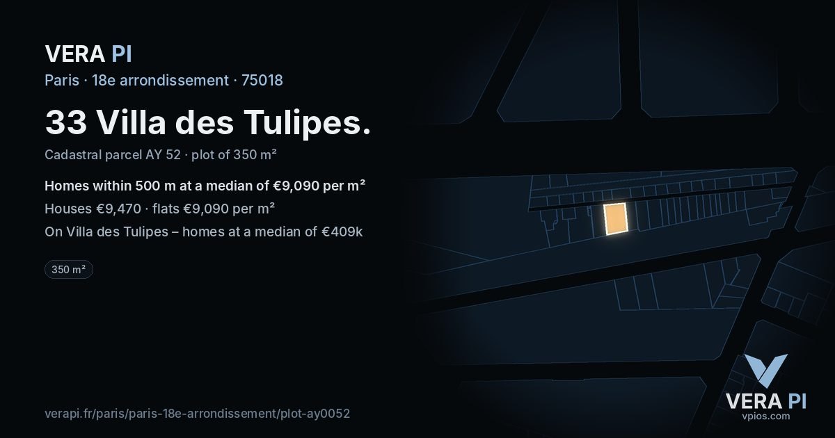 33 Villa des Tulipes, 18e arrondissement at night – the plot lit, the parcels around coloured by the prices near them