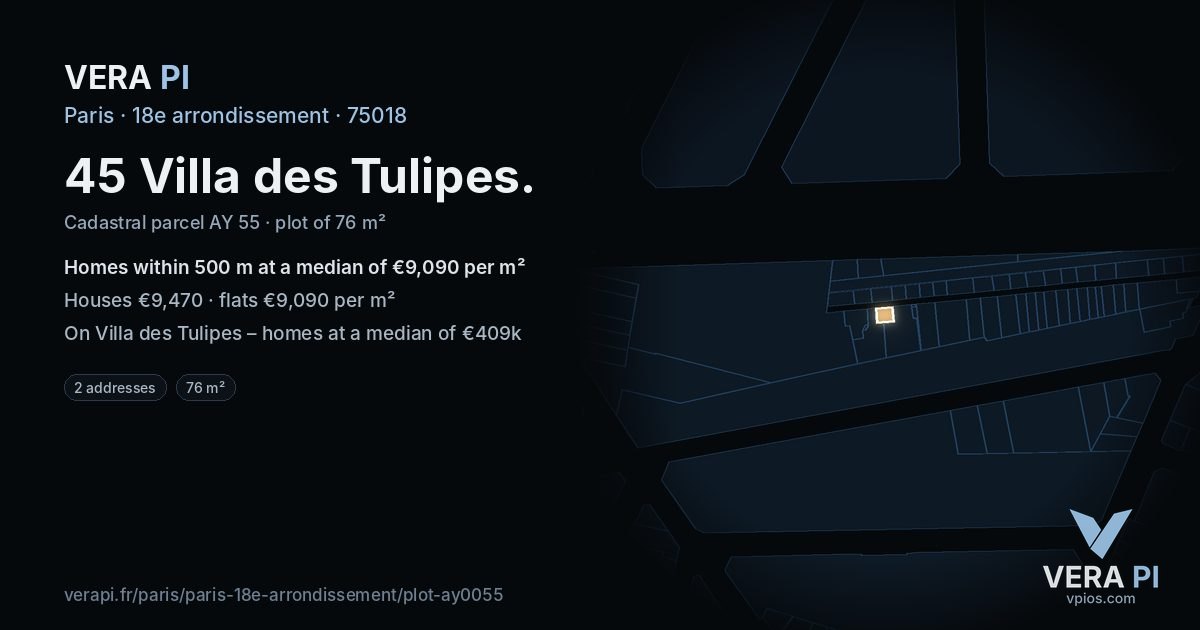 45 Villa des Tulipes, 18e arrondissement at night – the plot lit, the parcels around coloured by the prices near them