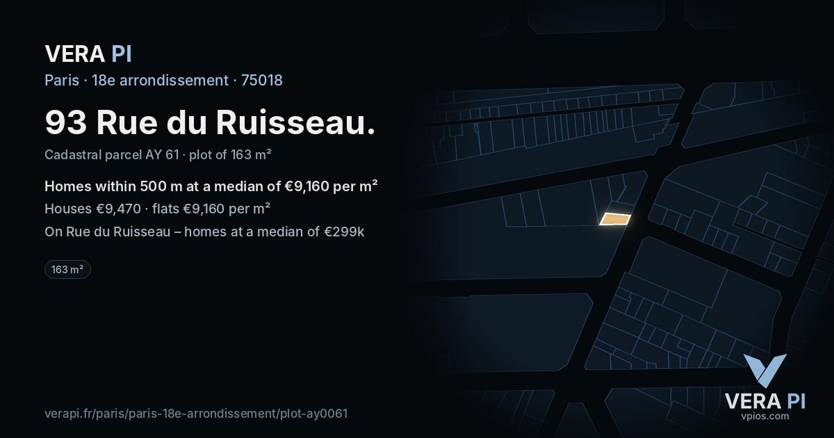 93 Rue du Ruisseau, 18e arrondissement at night – the plot lit, the parcels around coloured by the prices near them